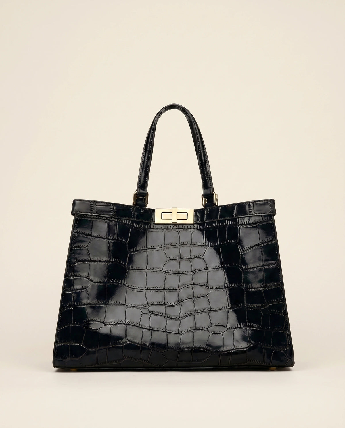 EMBOSSED CROCODILE LEATHER TOTE BAG in Black — front view