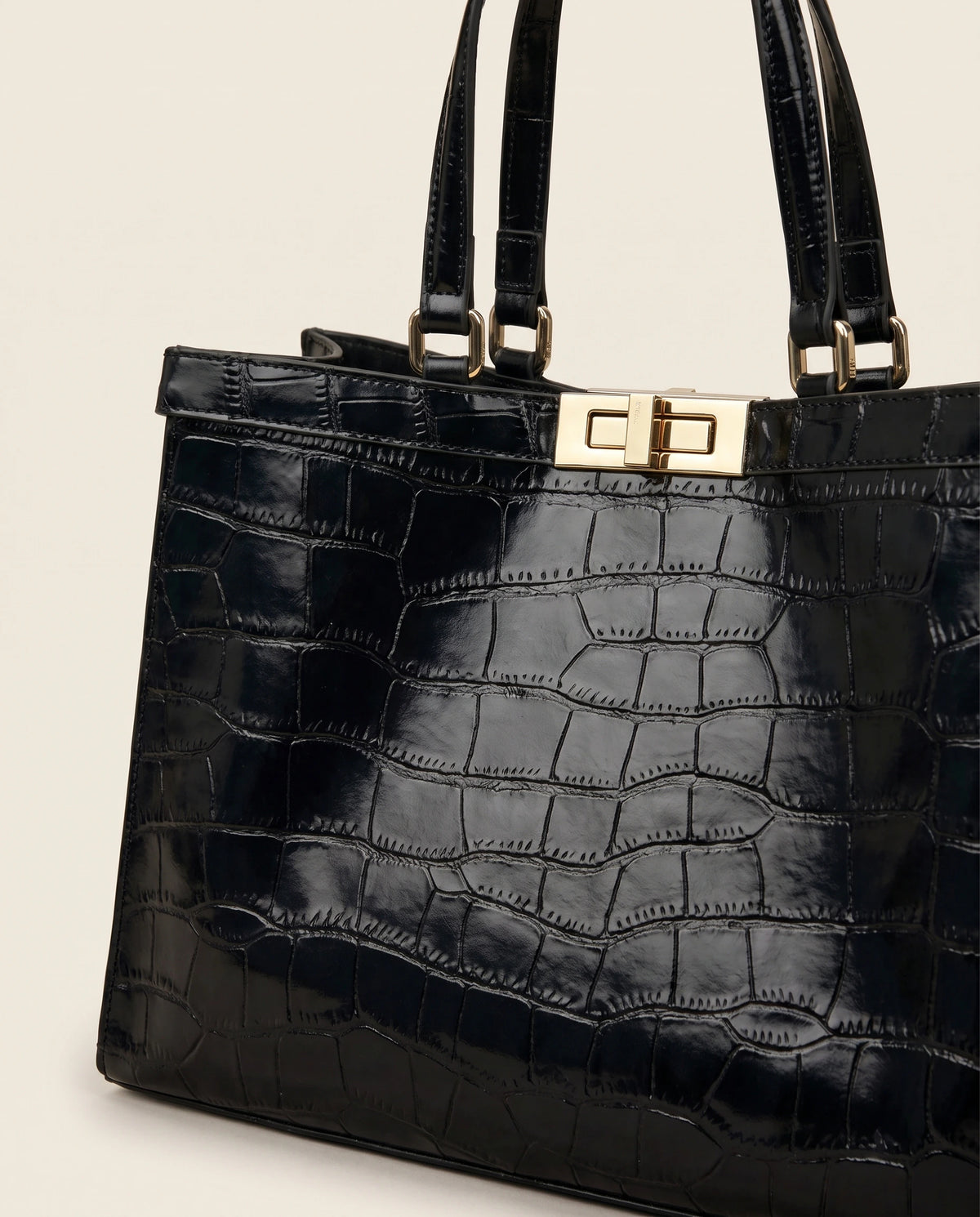 EMBOSSED CROCODILE LEATHER TOTE BAG in Black — detail close-up