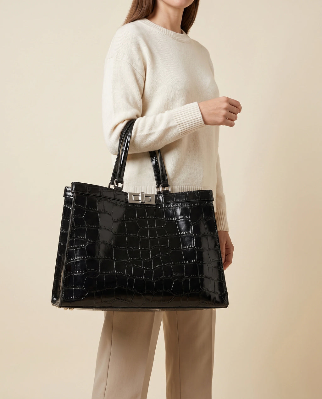 EMBOSSED CROCODILE LEATHER TOTE BAG in Black — worn by model
