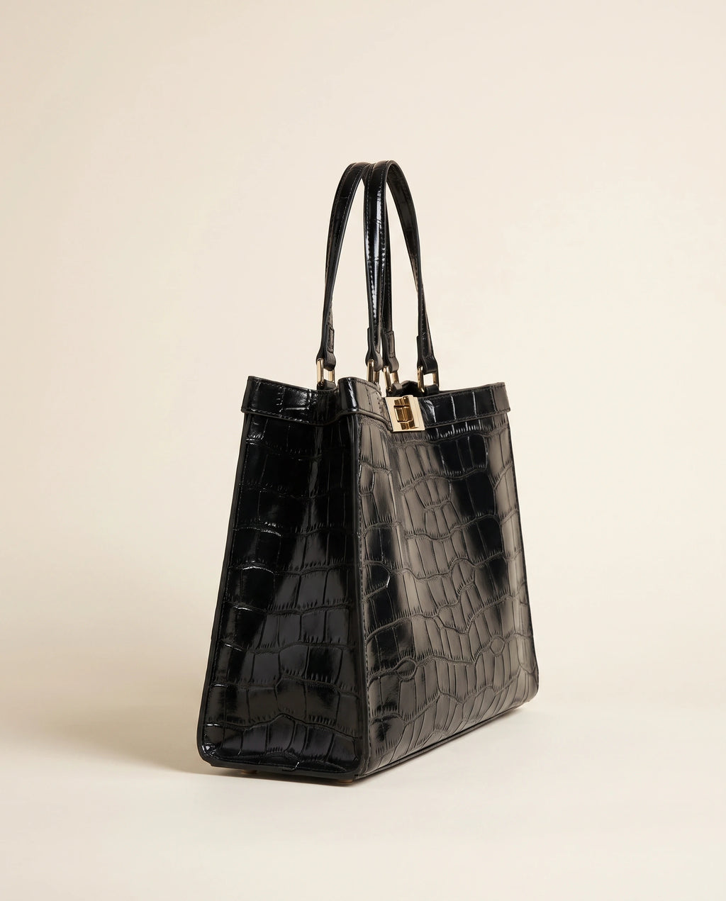 EMBOSSED CROCODILE LEATHER TOTE BAG in Black — side view