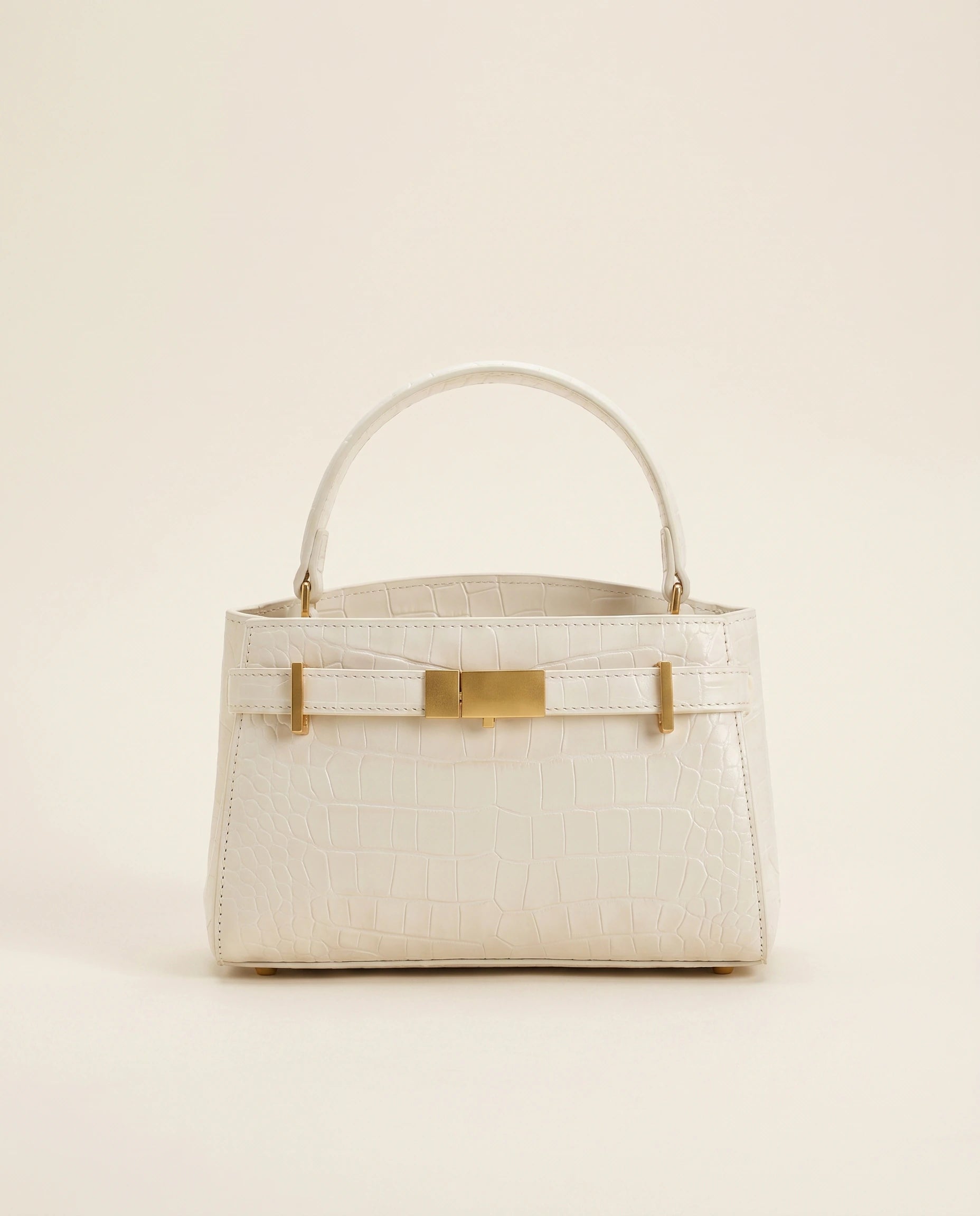 Crocodile Embossed Structured Handbag in White — front view