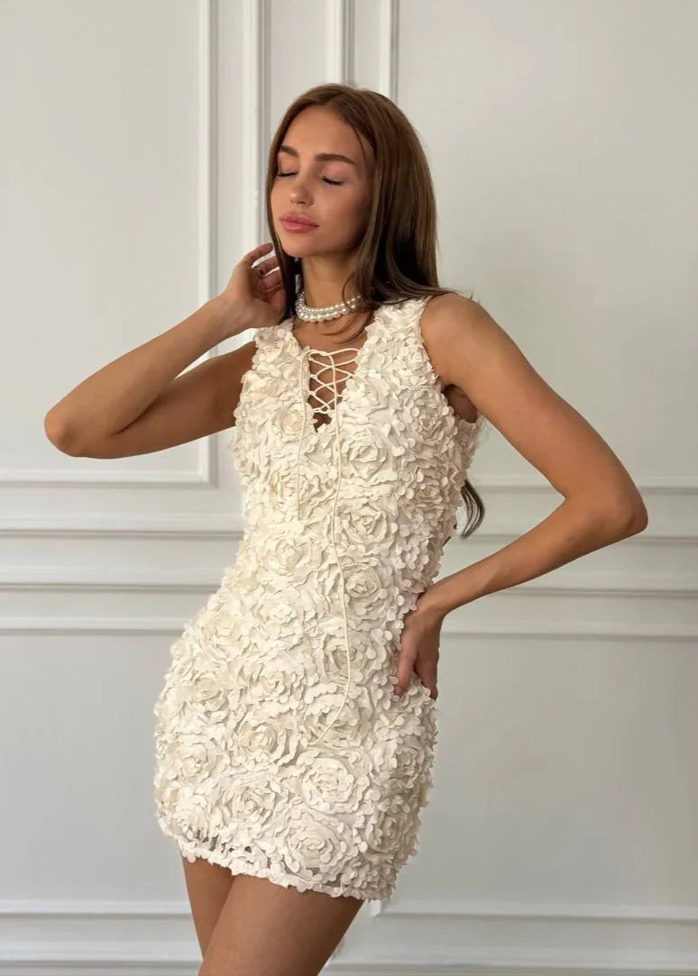 3D Floral Lace-Up Mini Dress