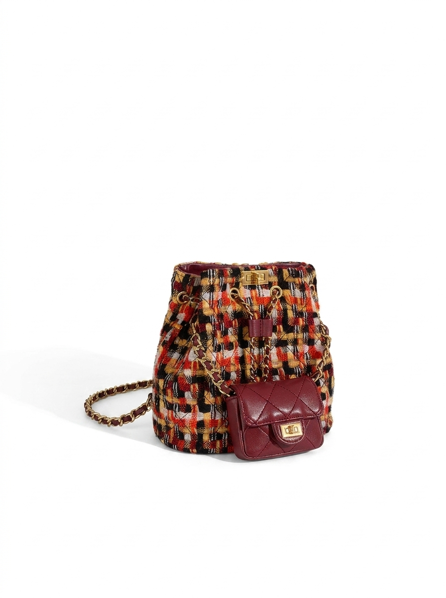 Étoile Tweed Bucket Backpack — closure and hardware detail