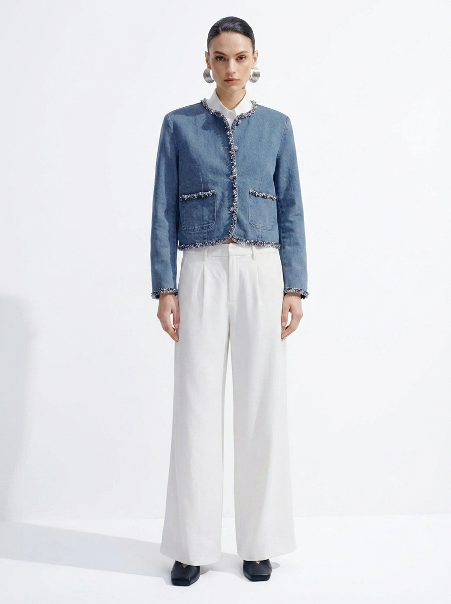 Blue Denim Tweed Trim Jacket