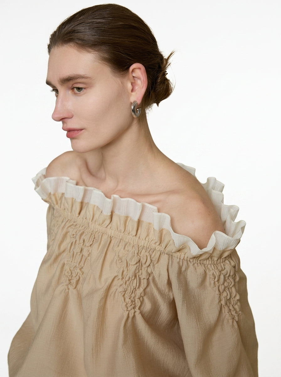 One-Shoulder Scalloped Long Sleeve Blouse