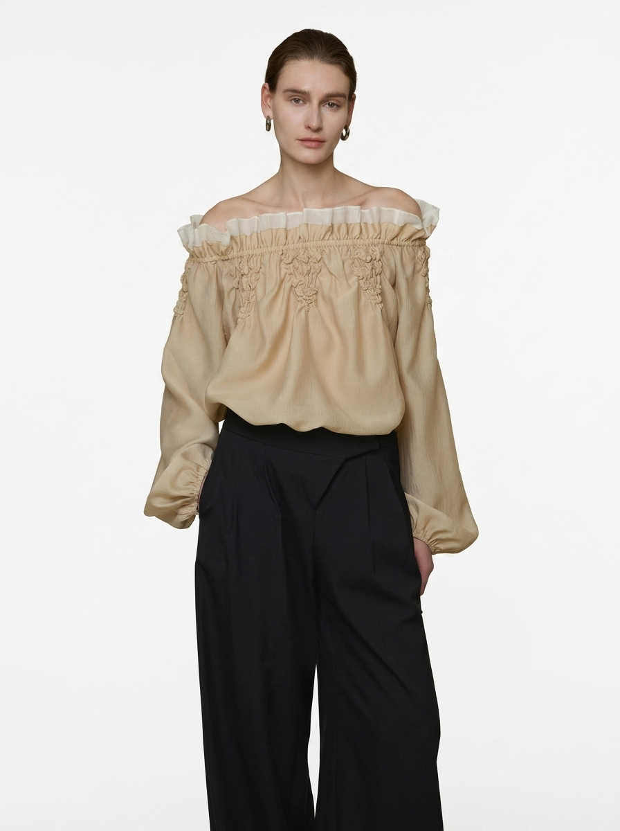 One-Shoulder Scalloped Long Sleeve Blouse