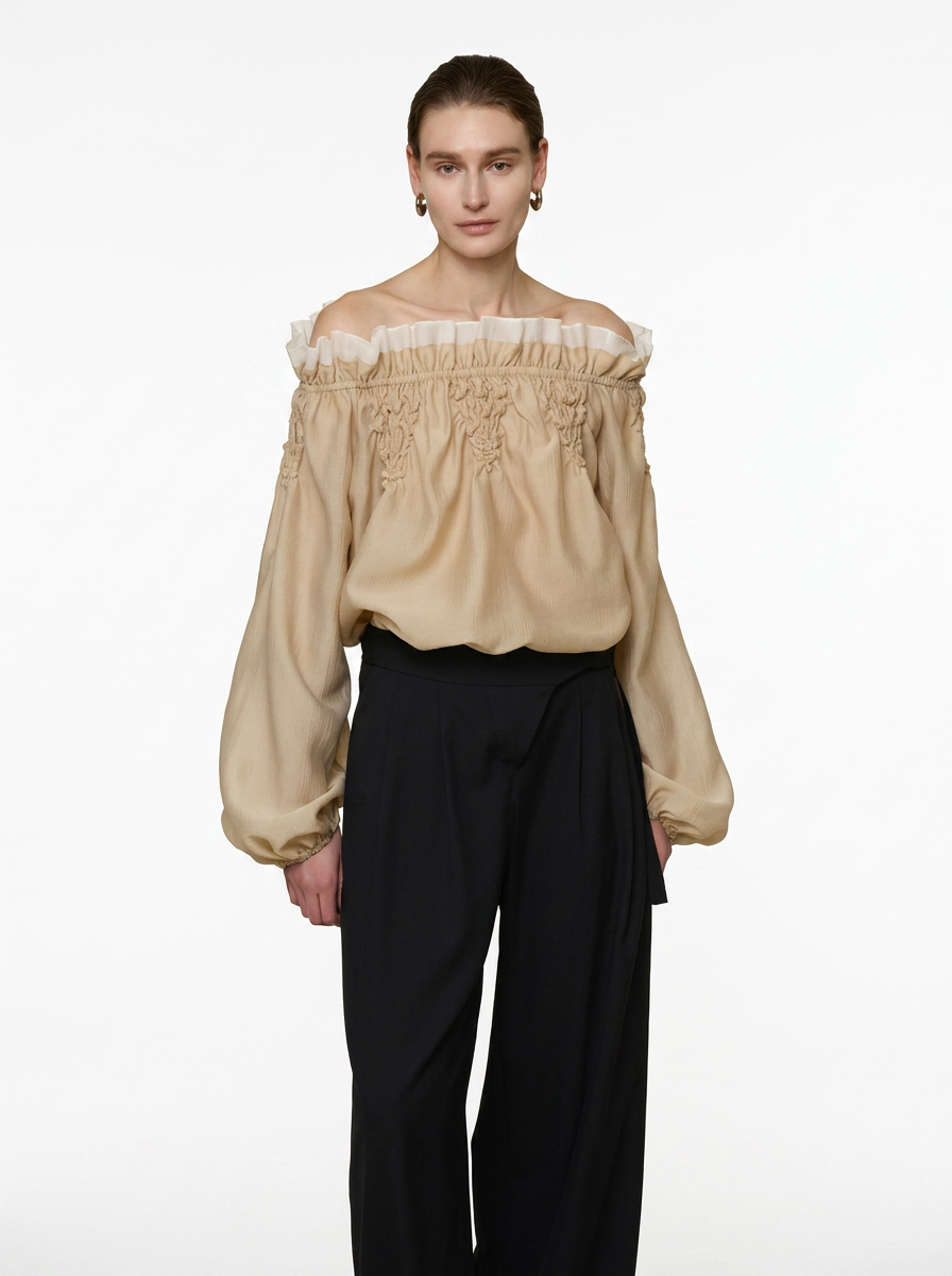 One-Shoulder Scalloped Long Sleeve Blouse