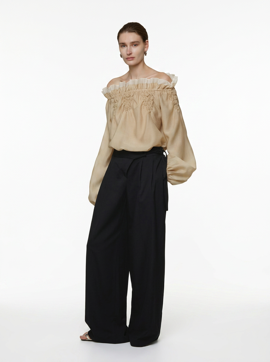 One-Shoulder Scalloped Long Sleeve Blouse