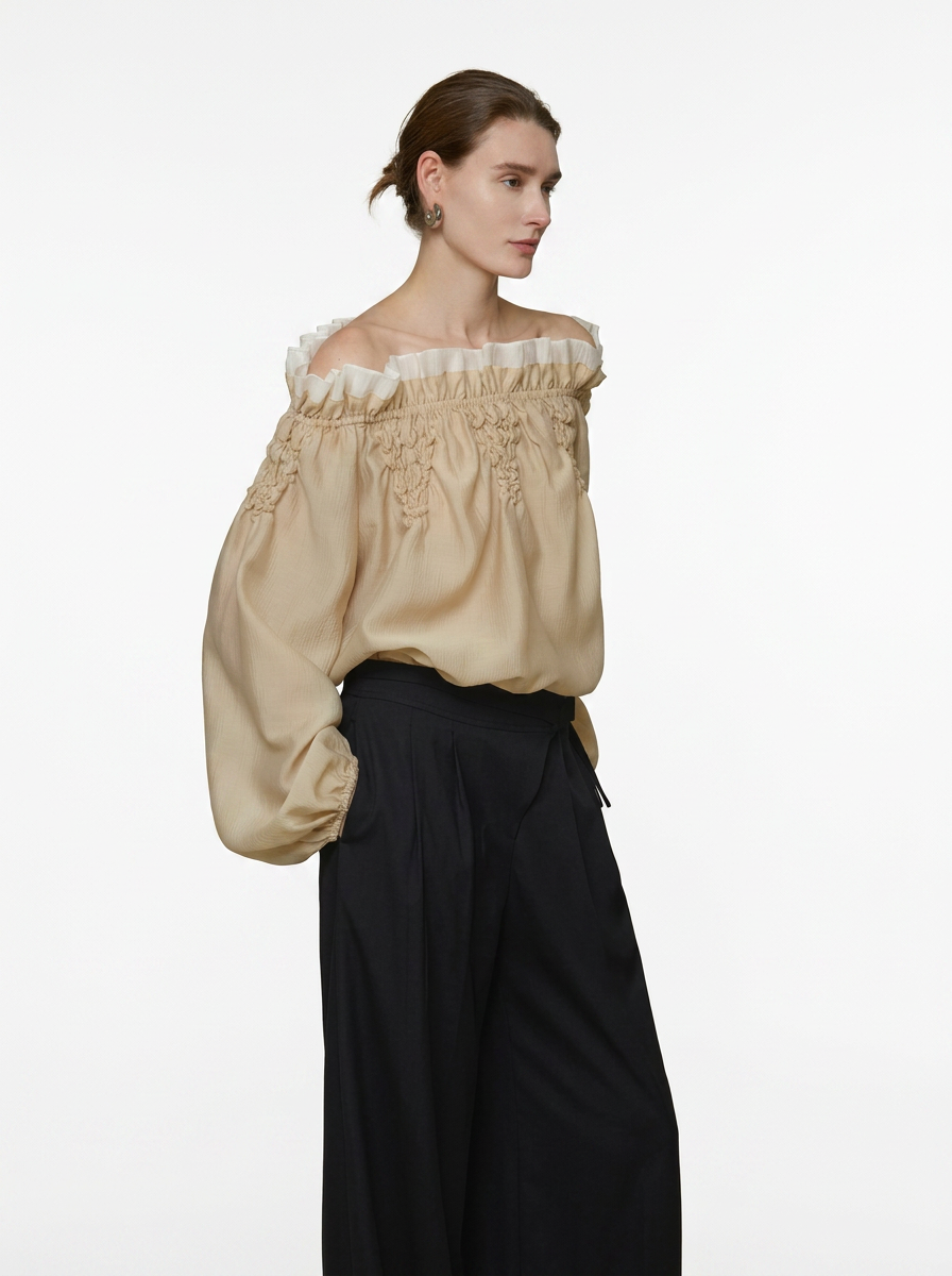 One-Shoulder Scalloped Long Sleeve Blouse