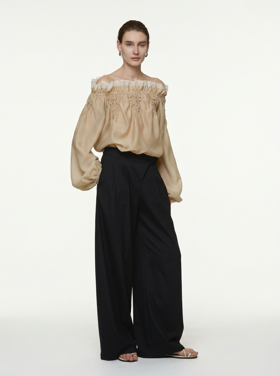 One-Shoulder Scalloped Long Sleeve Blouse