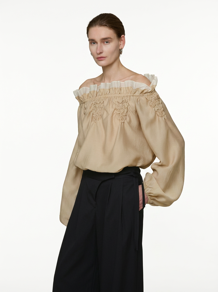 One-Shoulder Scalloped Long Sleeve Blouse