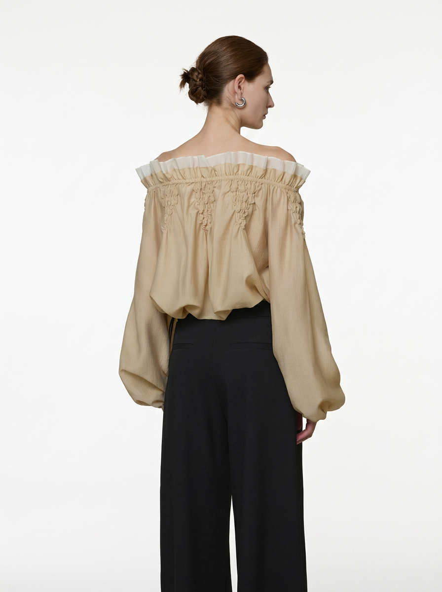 One-Shoulder Scalloped Long Sleeve Blouse