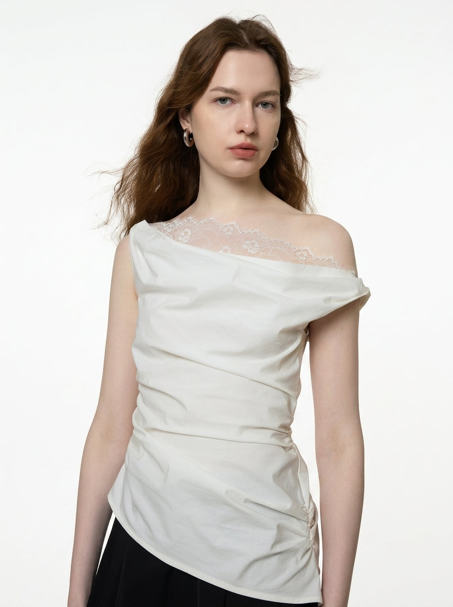 Asymmetric Off-Shoulder Lace Drape Top