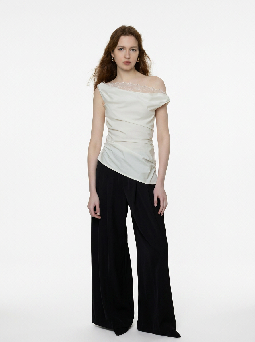 Asymmetric Off-Shoulder Lace Drape Top