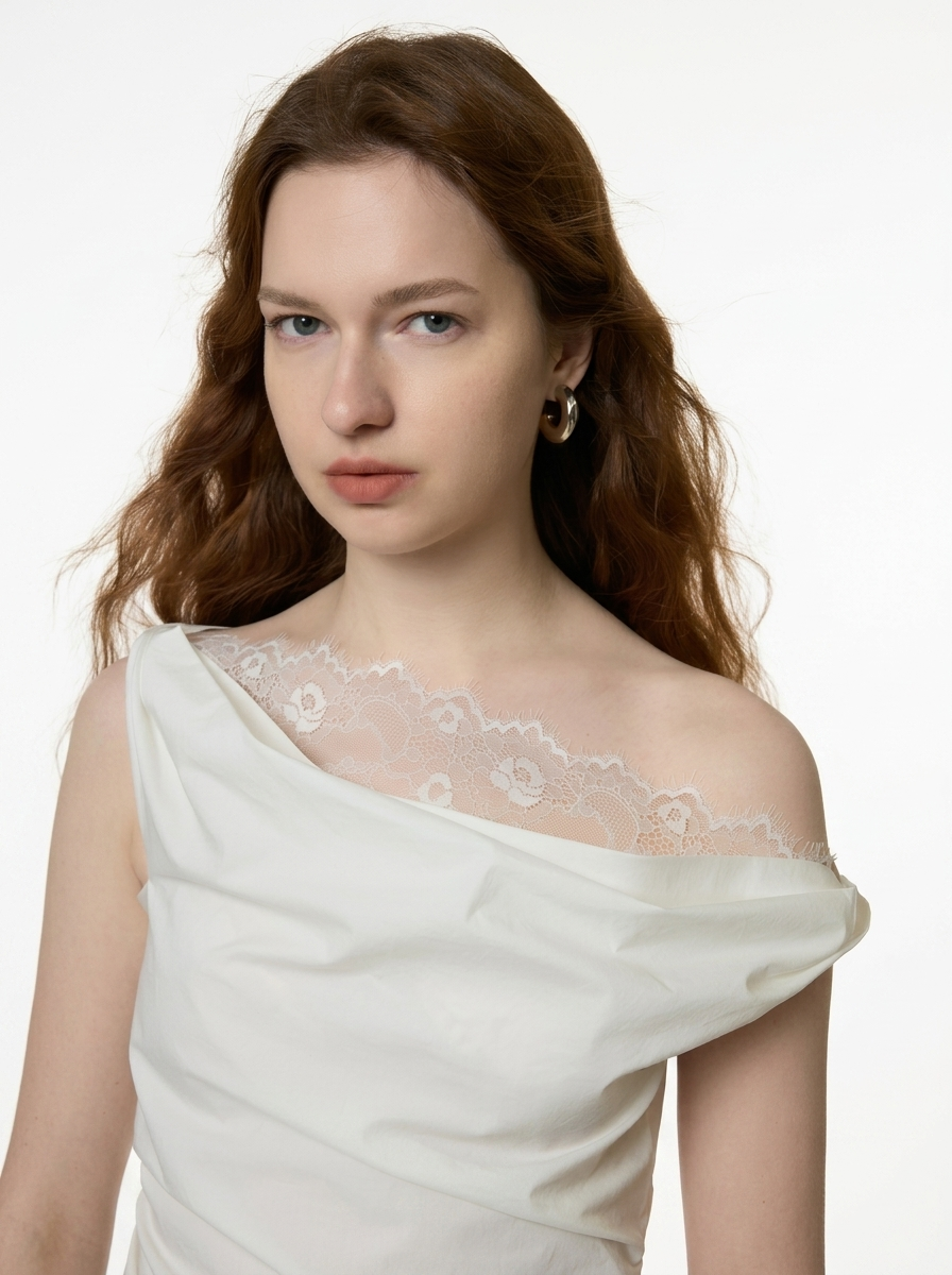 Asymmetric Off-Shoulder Lace Drape Top