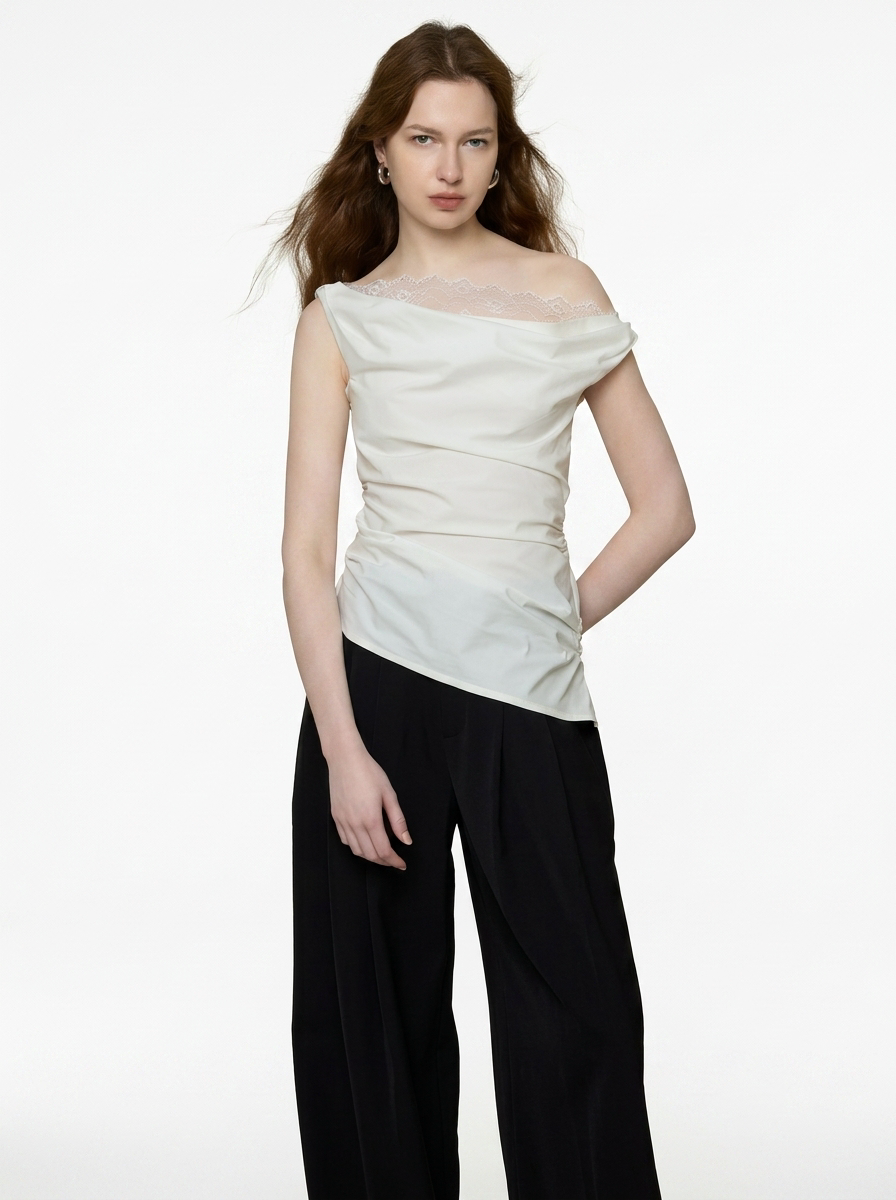 Asymmetric Off-Shoulder Lace Drape Top