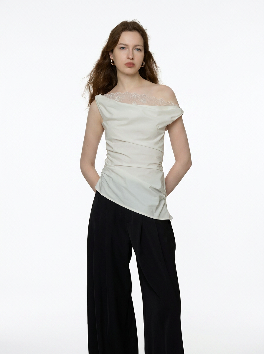 Asymmetric Off-Shoulder Lace Drape Top