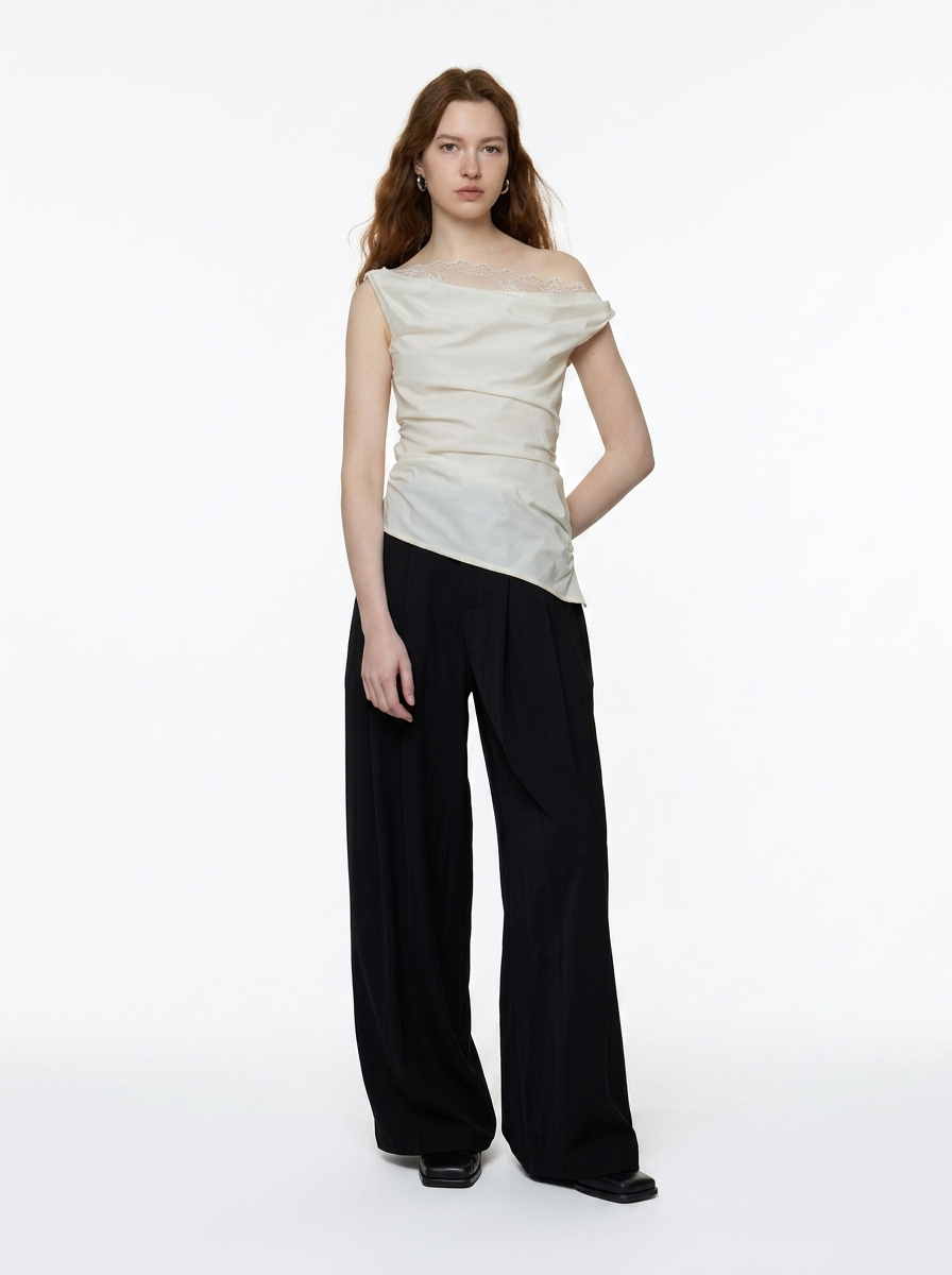Asymmetric Off-Shoulder Lace Drape Top
