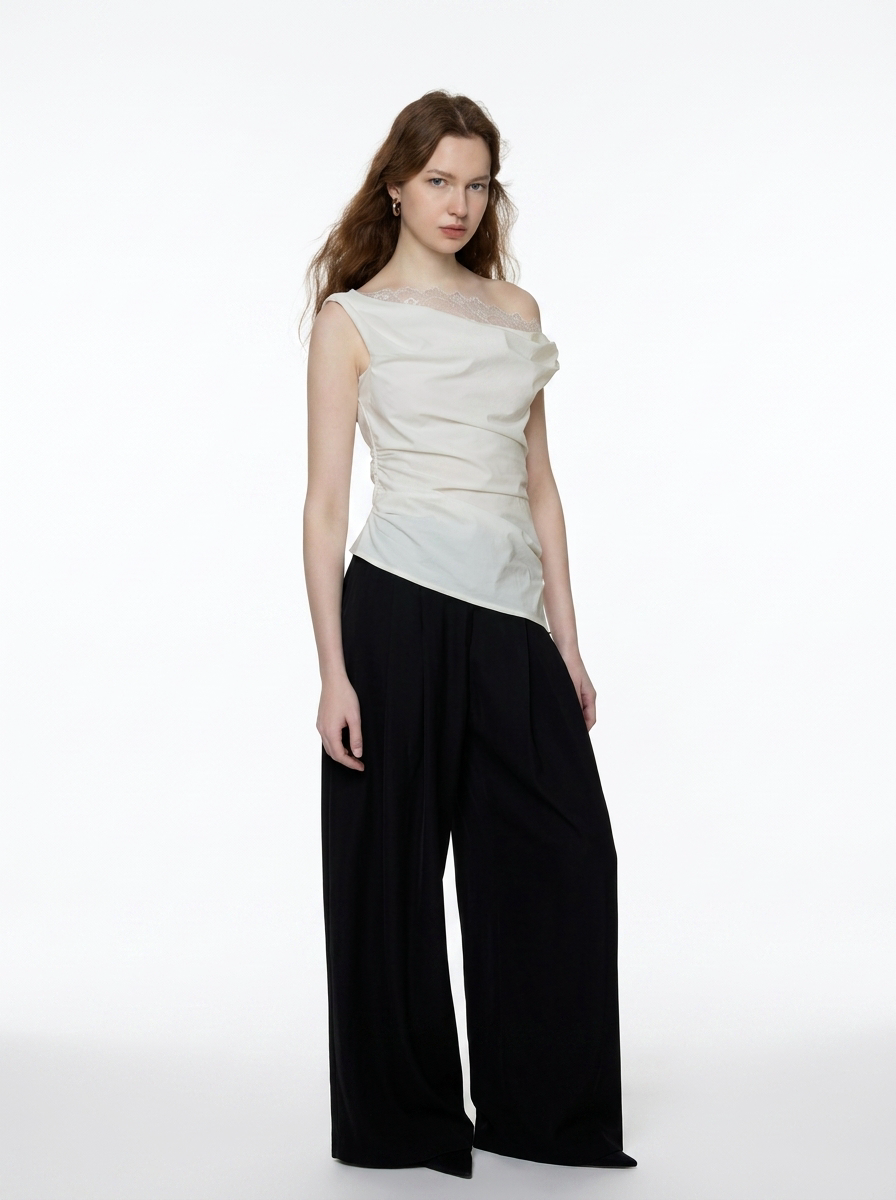 Asymmetric Off-Shoulder Lace Drape Top
