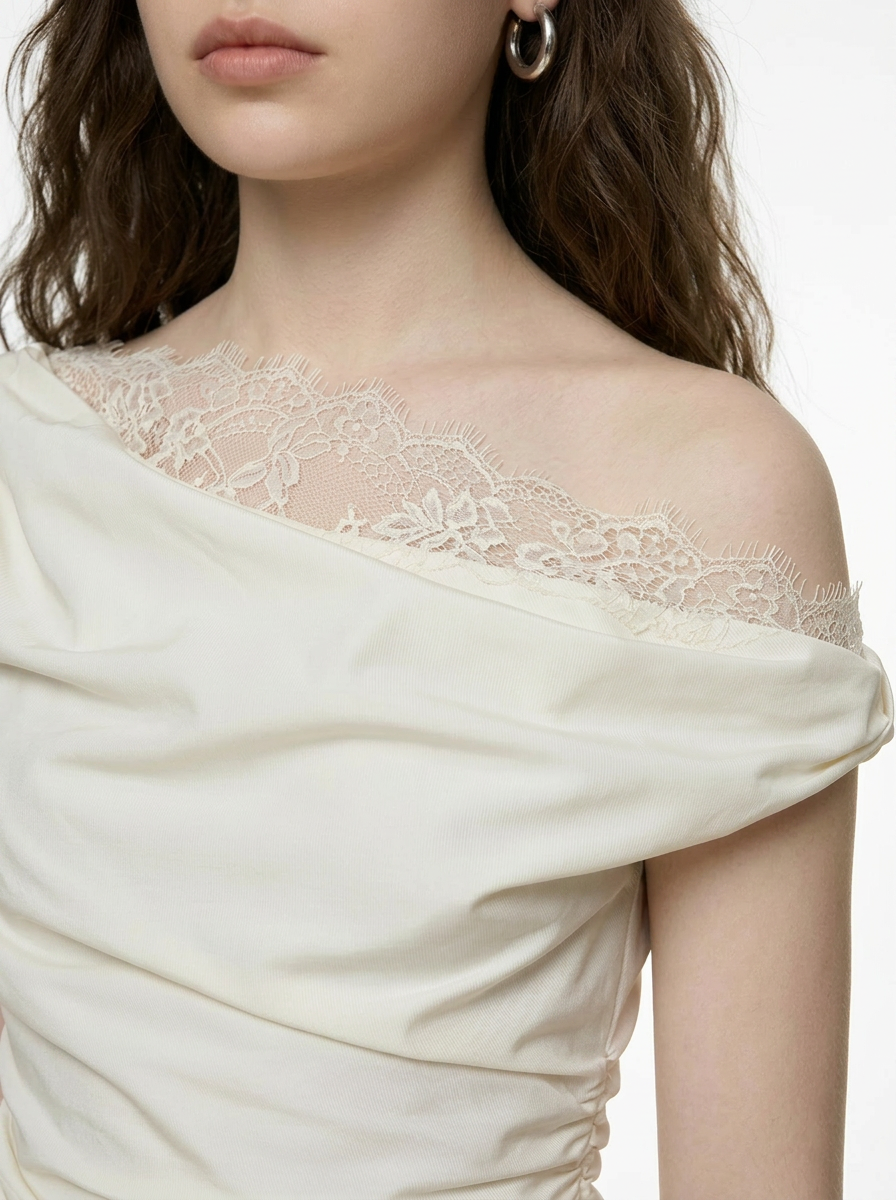 Asymmetric Off-Shoulder Lace Drape Top