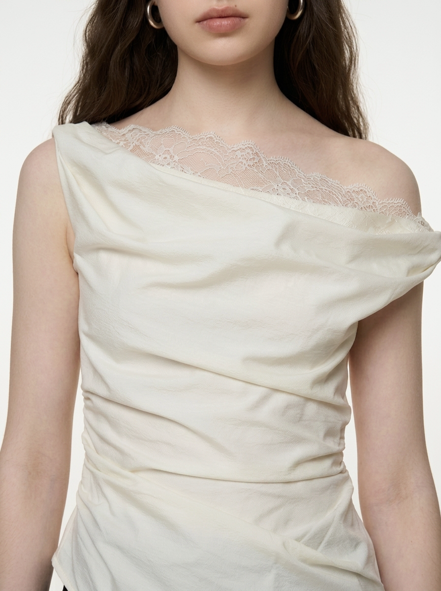 Asymmetric Off-Shoulder Lace Drape Top