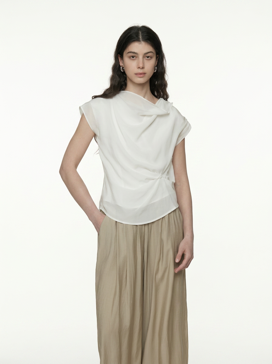 Irregular Neckline Sleeveless White Blouse