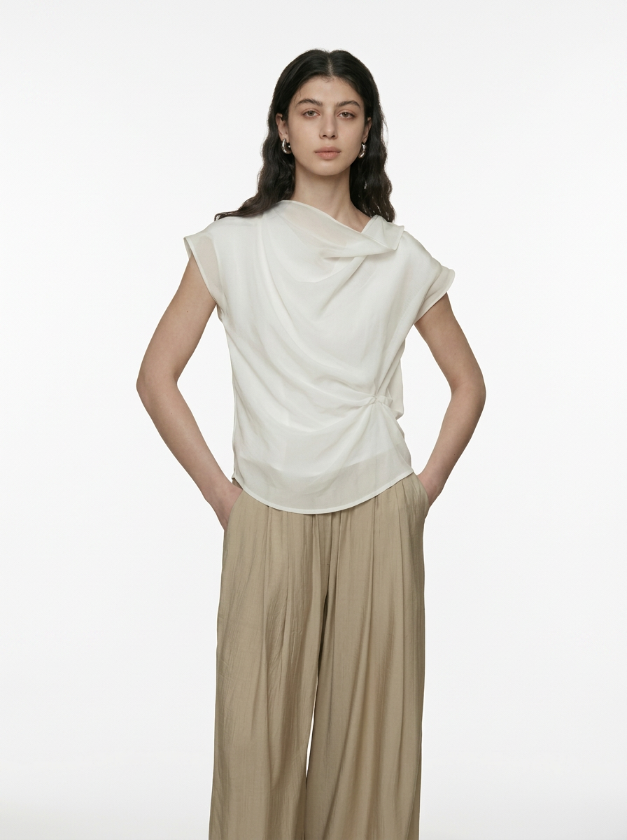 Irregular Neckline Sleeveless White Blous