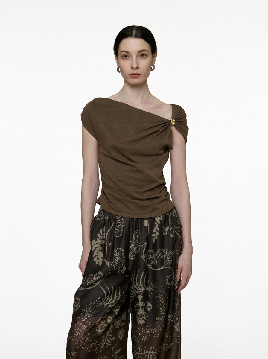 Asymmetric 3D Embellished Shoulder T-Shirt