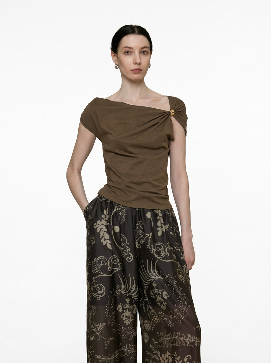 Asymmetric 3D Embellished Shoulder T-Shirt