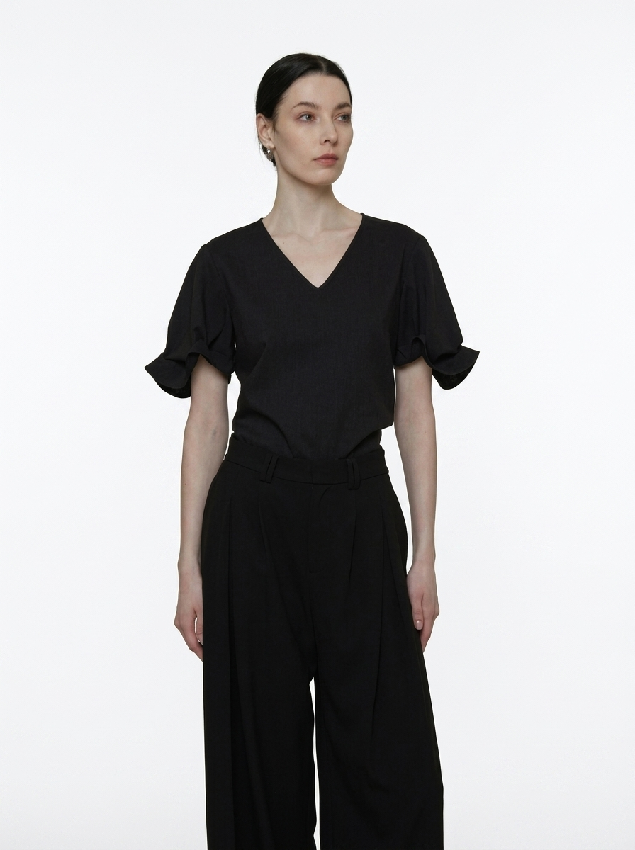 Relaxed V-Neck Pleated Sleeve Blouse