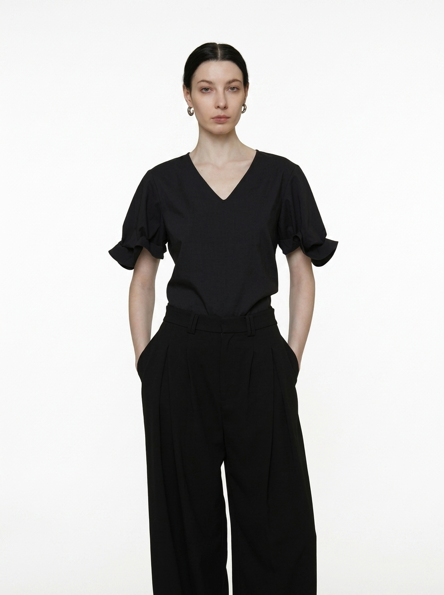 Relaxed V-Neck Pleated Sleeve Blouse