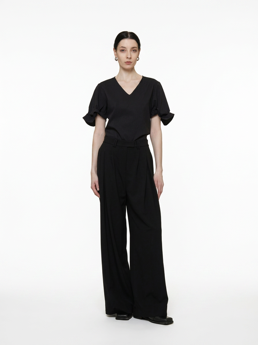 Relaxed V-Neck Pleated Sleeve Blouse