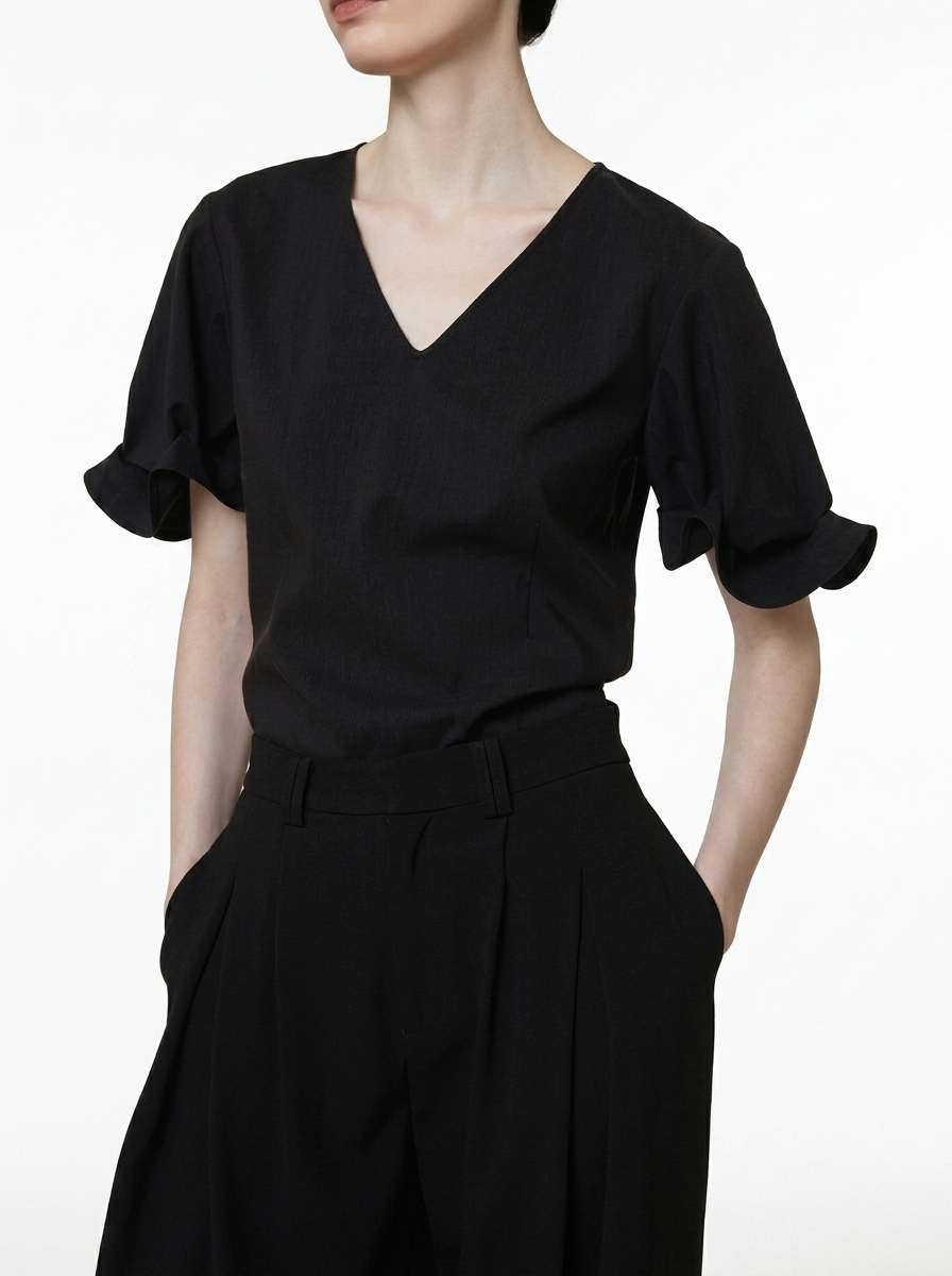 Relaxed V-Neck Pleated Sleeve Blouse