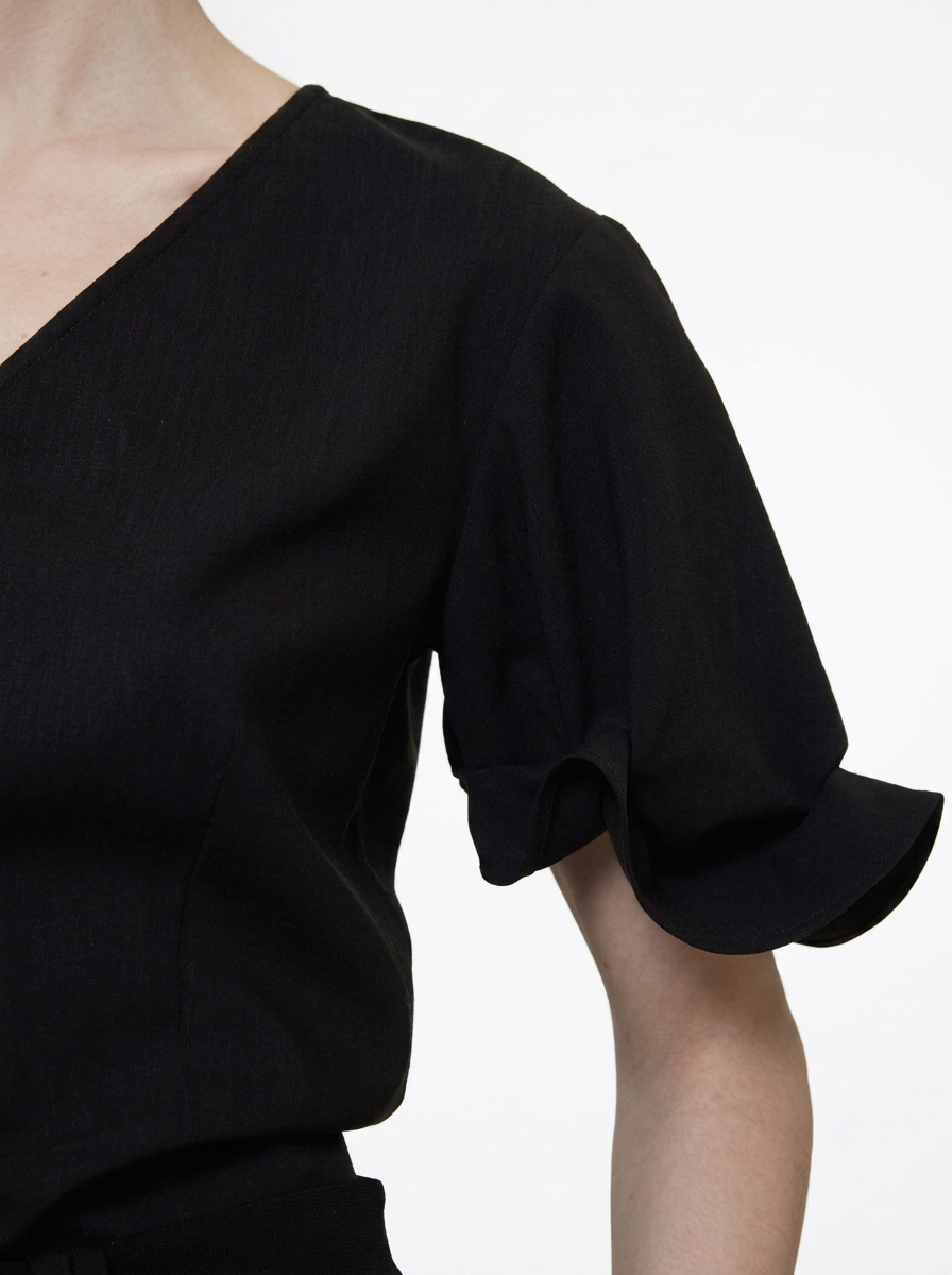 Relaxed V-Neck Pleated Sleeve Blouse