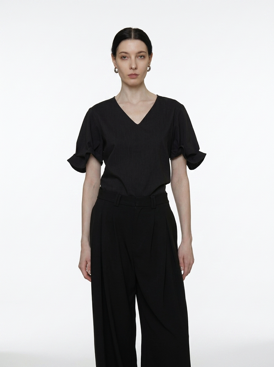 Relaxed V-Neck Pleated Sleeve Blouse