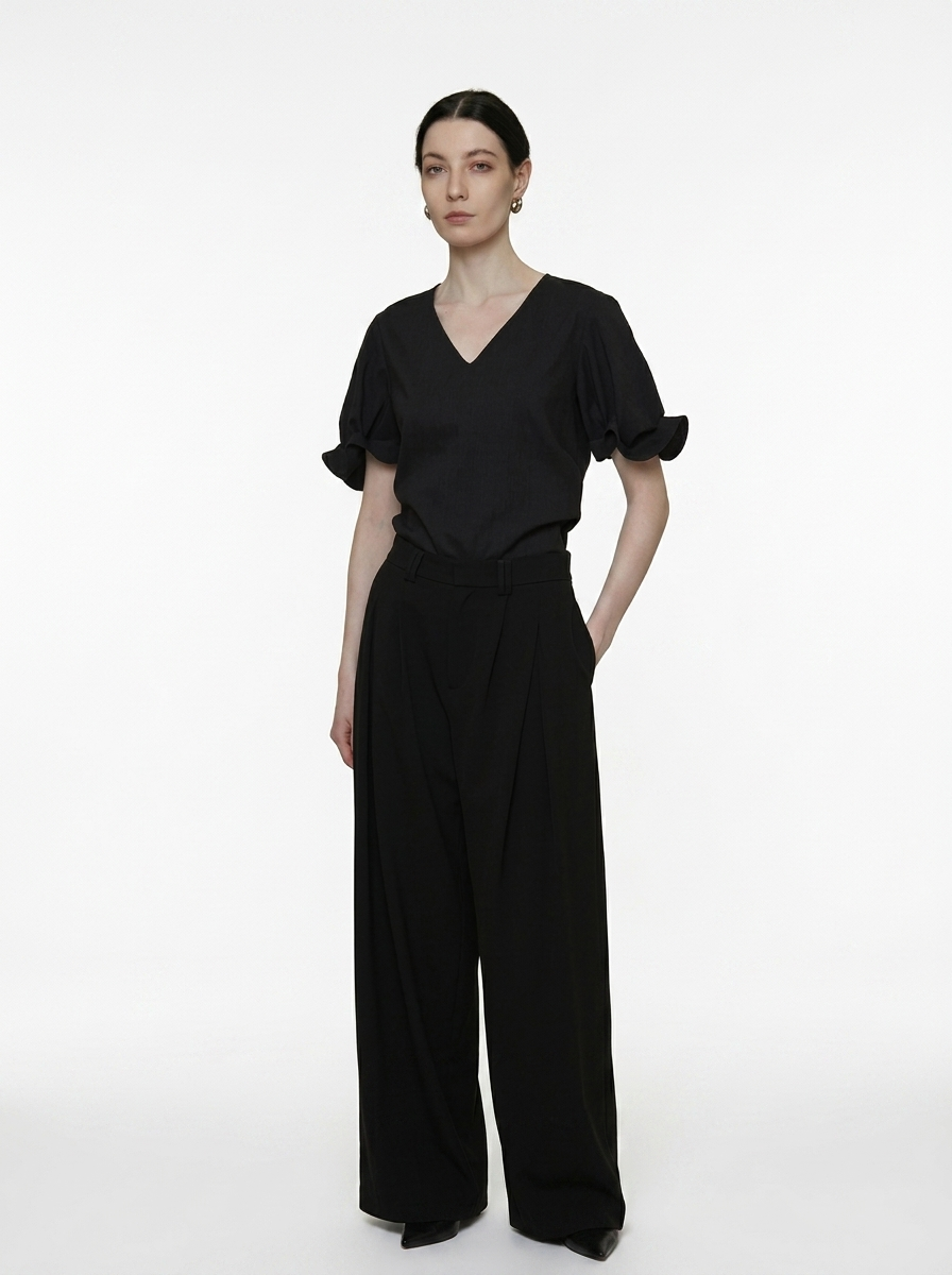 Relaxed V-Neck Pleated Sleeve Blouse