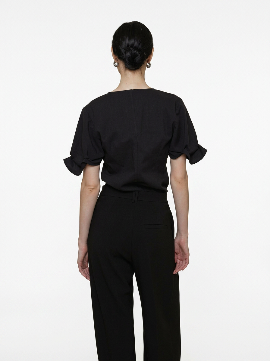 Relaxed V-Neck Pleated Sleeve Blouse