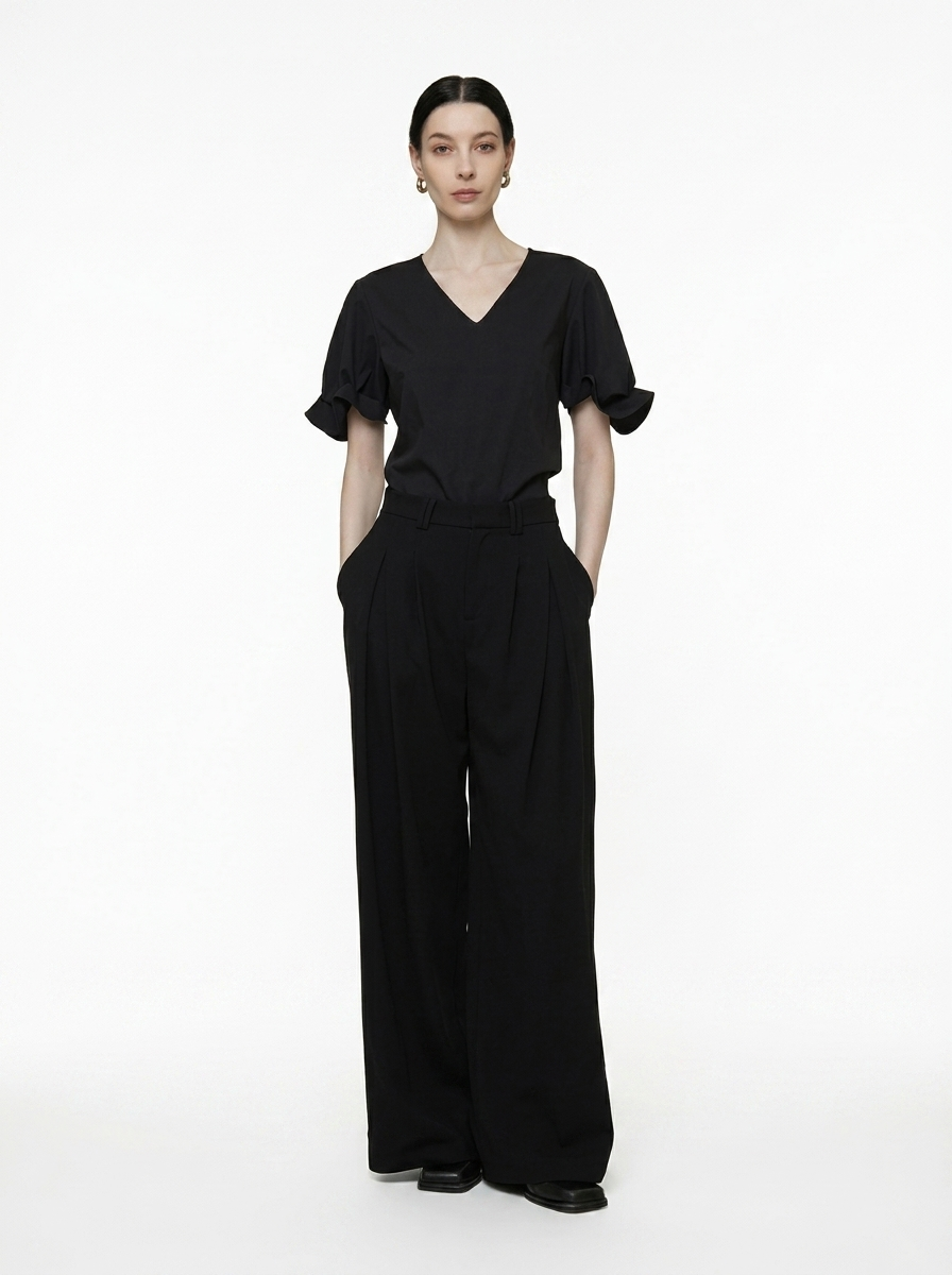 Relaxed V-Neck Pleated Sleeve Blouse