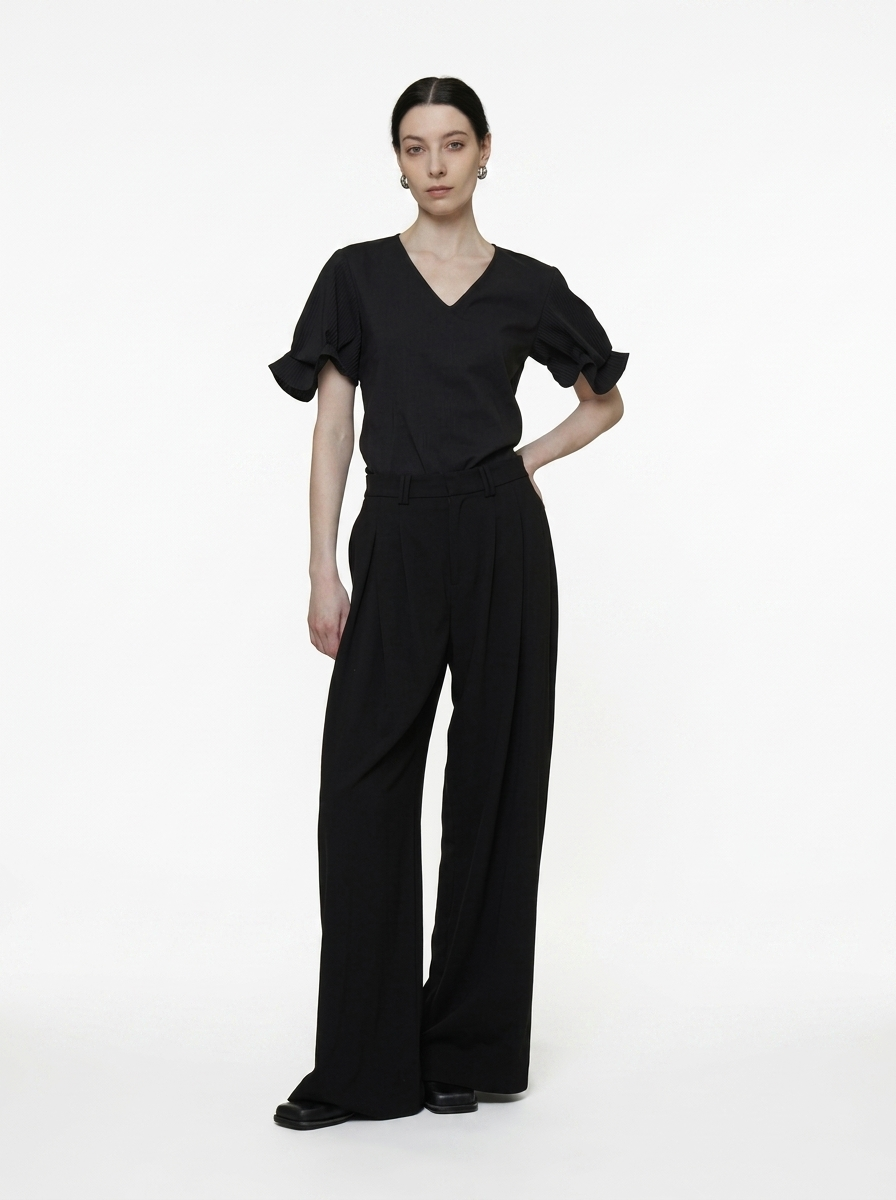 Relaxed V-Neck Pleated Sleeve Blouse