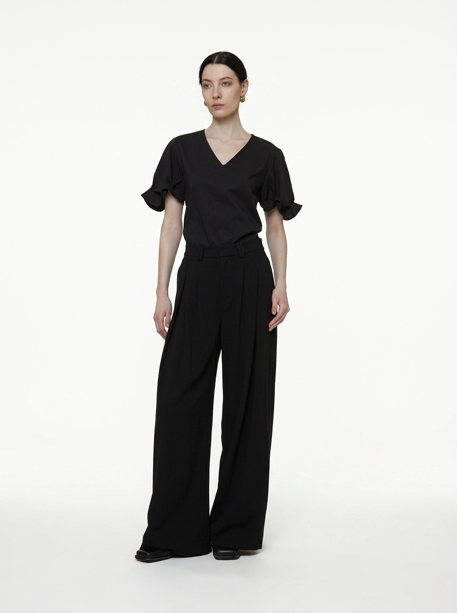 Relaxed V-Neck Pleated Sleeve Blouse