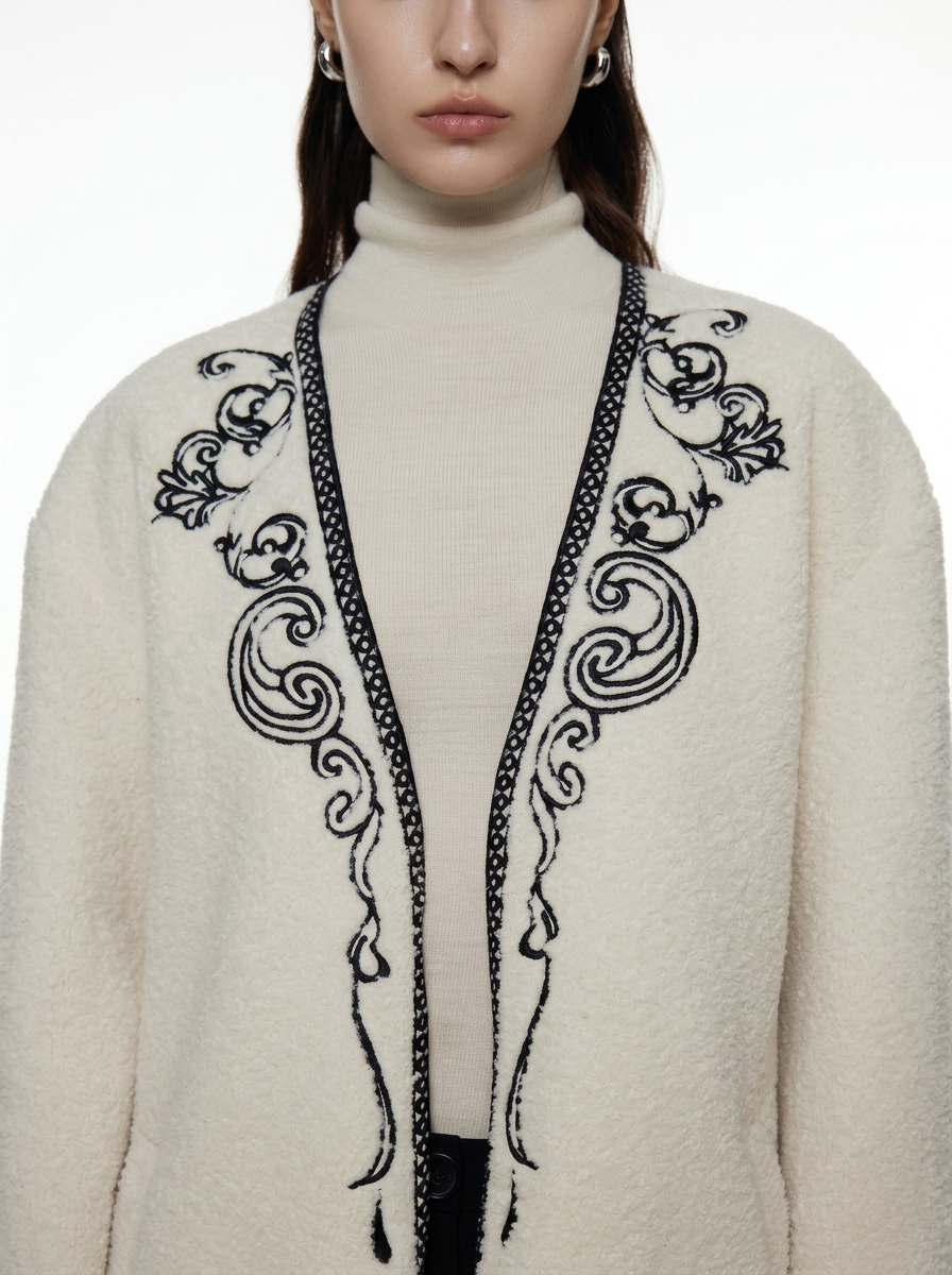 Embroidered V-Neck Short Wool Jacket