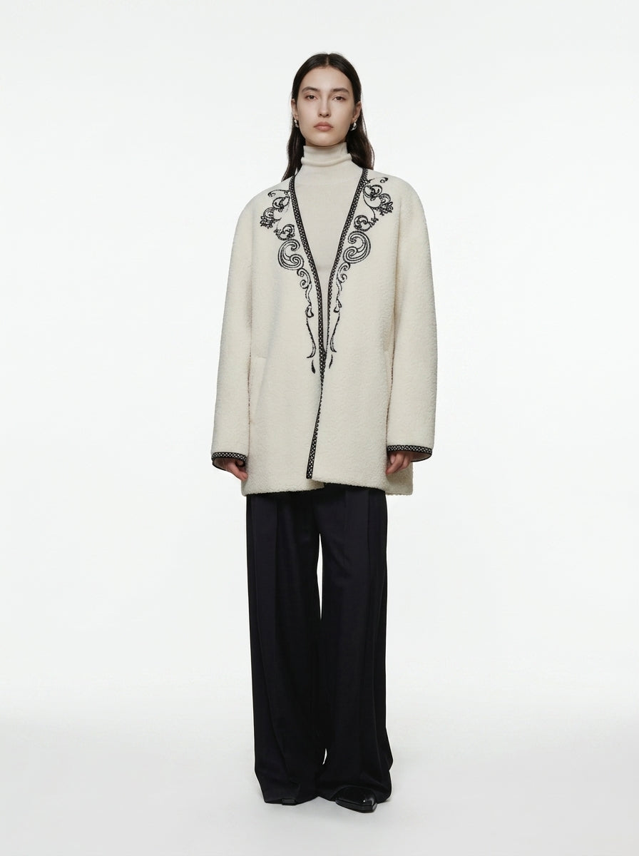 Embroidered V-Neck Short Wool Jacket