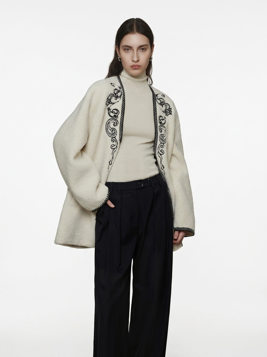 Embroidered V-Neck Short Wool Jacket