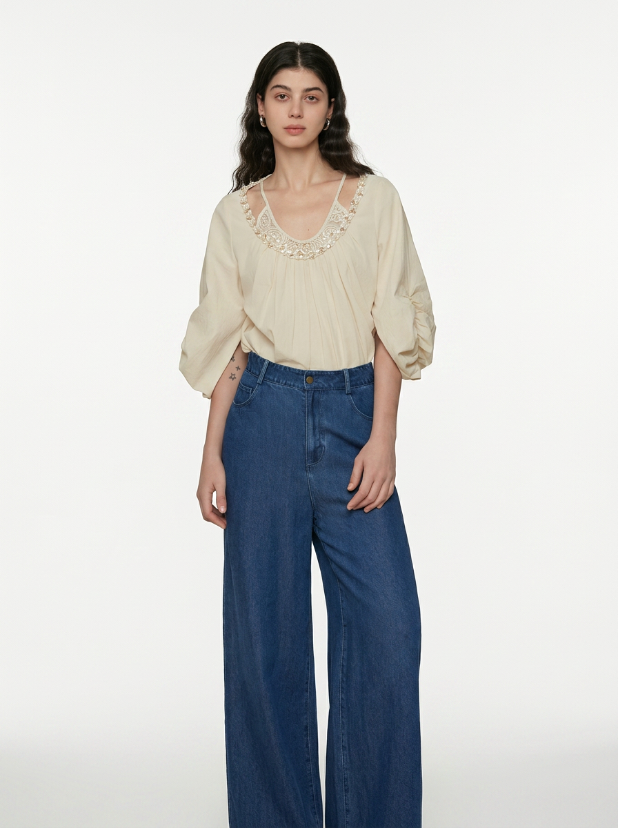 Relaxed Round Neck Cotton Blouse
