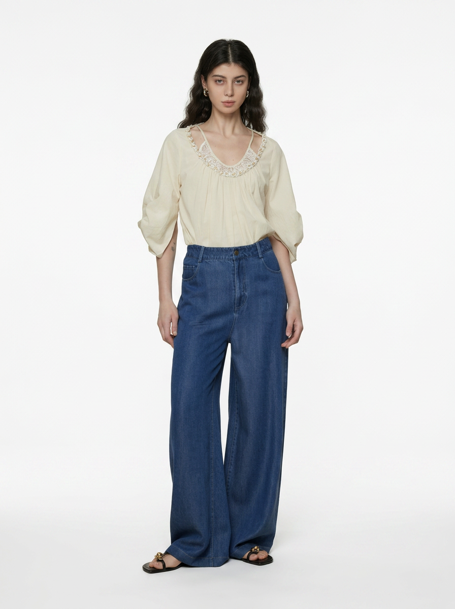 Relaxed Round Neck Cotton Blouse