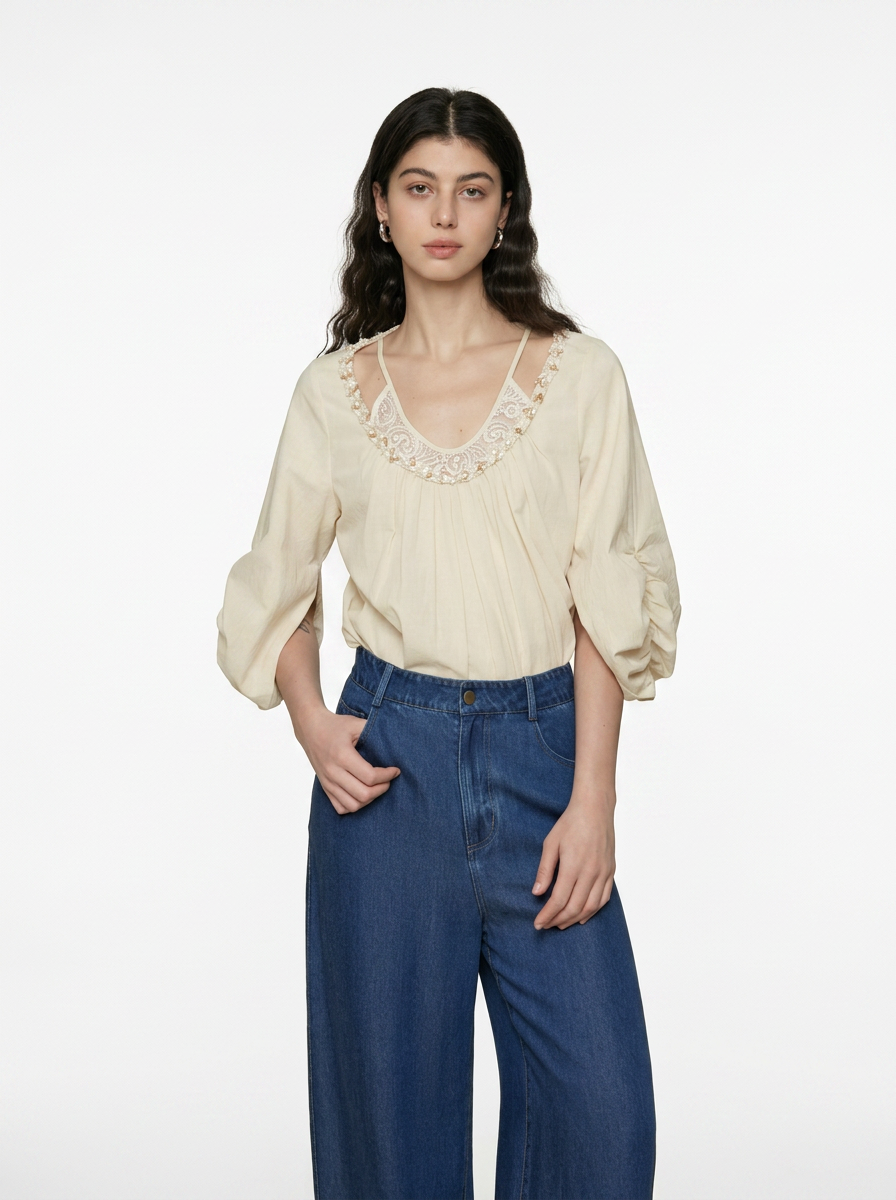 Relaxed Round Neck Cotton Blouse