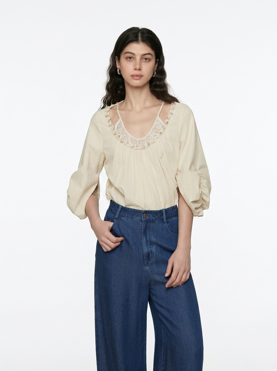 Relaxed Round Neck Cotton Blouse