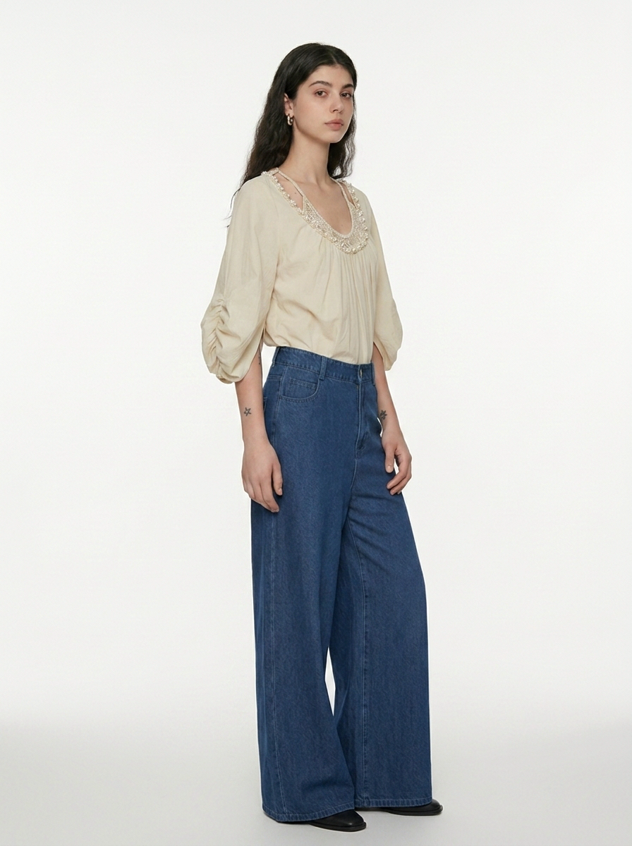 Relaxed Round Neck Cotton Blouse