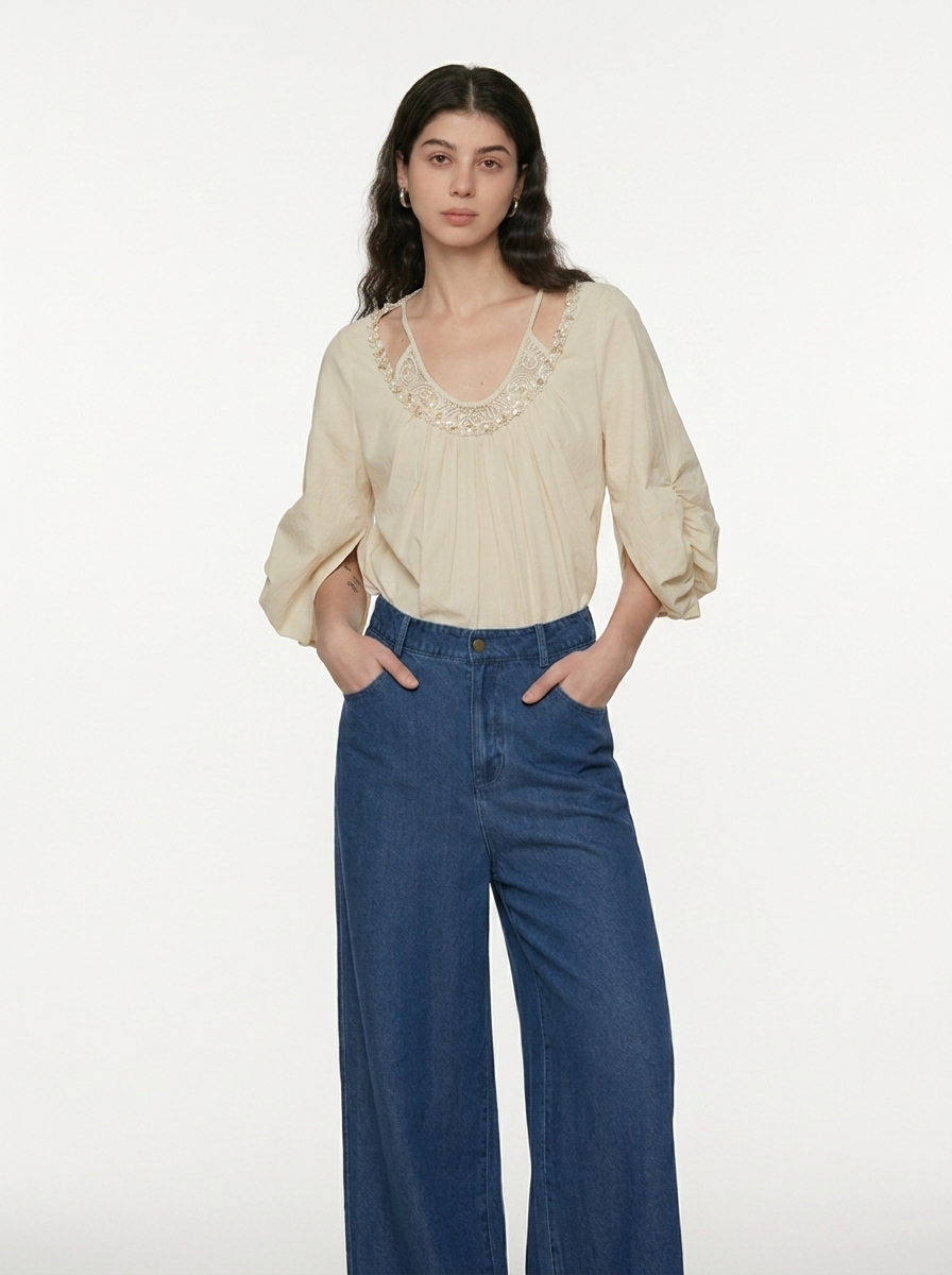 Relaxed Round Neck Cotton Blouse