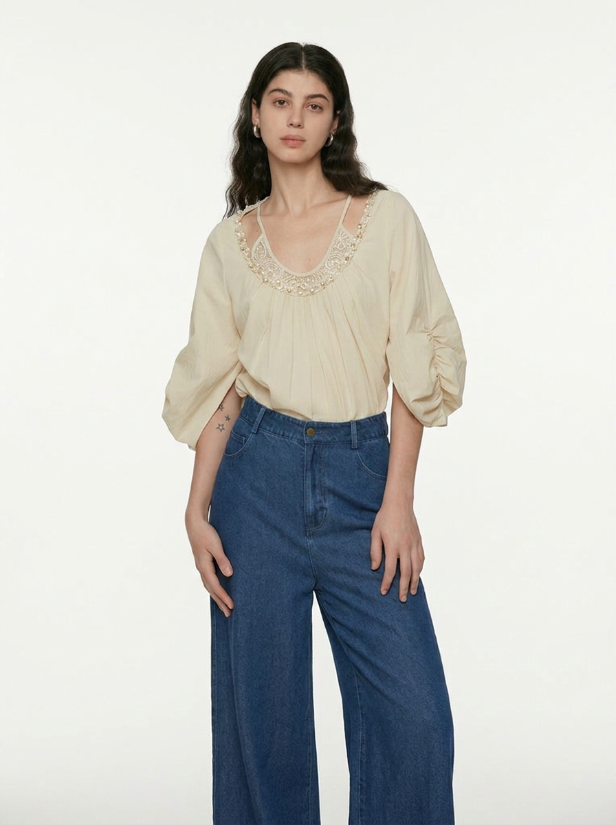 Relaxed Round Neck Cotton Blouse